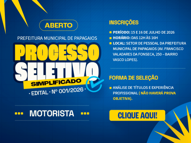 Prefeitura de Papagaios abre inscrições para Processo Seletivo de Motorista; confira o edital