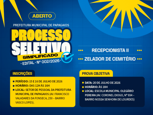 Prefeitura de Papagaios abre Processo Seletivo de Recepcionista II e Zelador de Cemitério